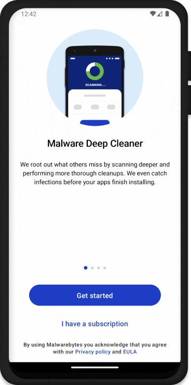 Mobile phone showing the Get Started screen in the Malwarebytes Mobile Security app on Android