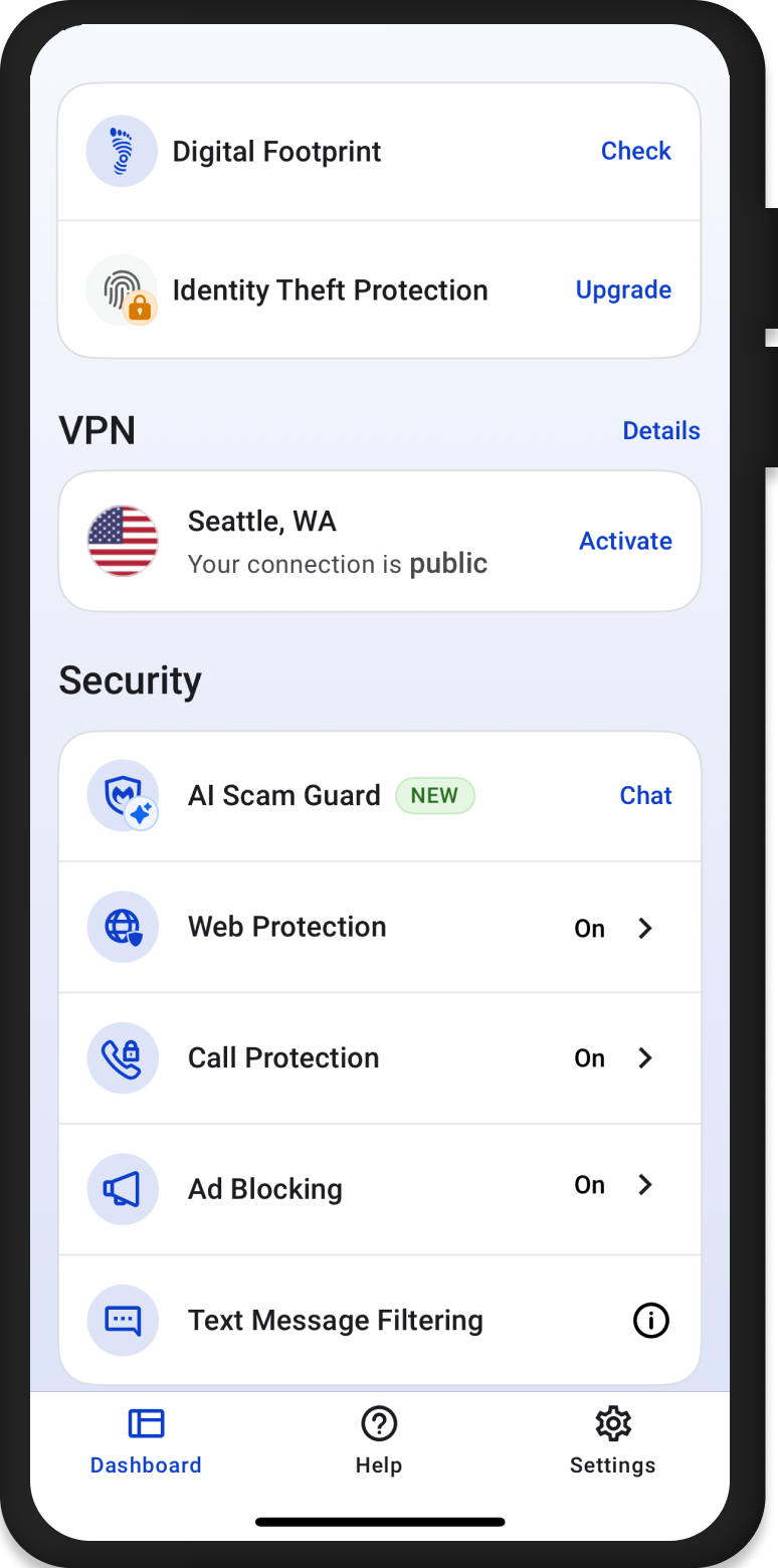 Mobile phone showing the screen where the user can turn on the VPN in the Malwarebytes Mobile Security app on iOS