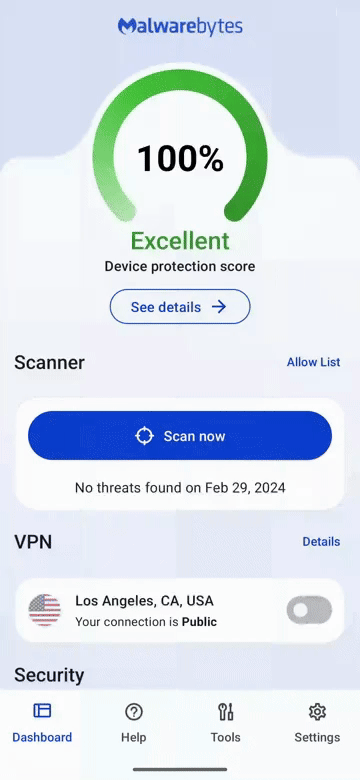  Animation showing how a user can turn on the VPN feature in Malwarebytes Mobile Security app on Android