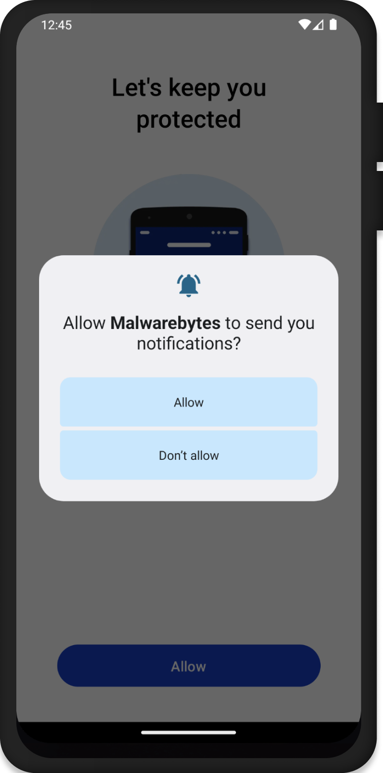  Mobile phone showing the Allow Notifications popup screen in the Malwarebytes Security app on Android