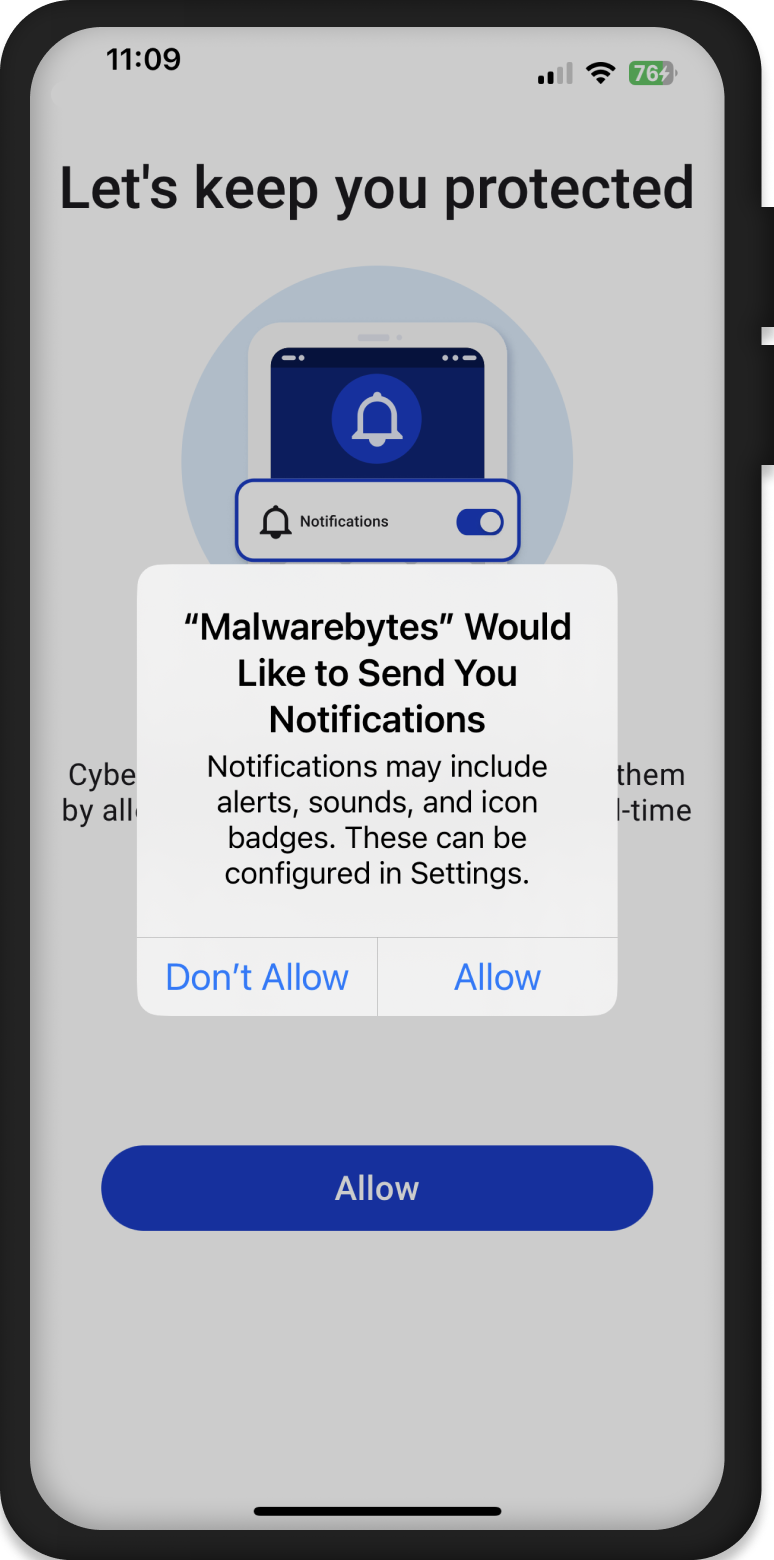  Mobile phone showing the Allow Notifications popup screen in the Malwarebytes Mobile Security app on iOS