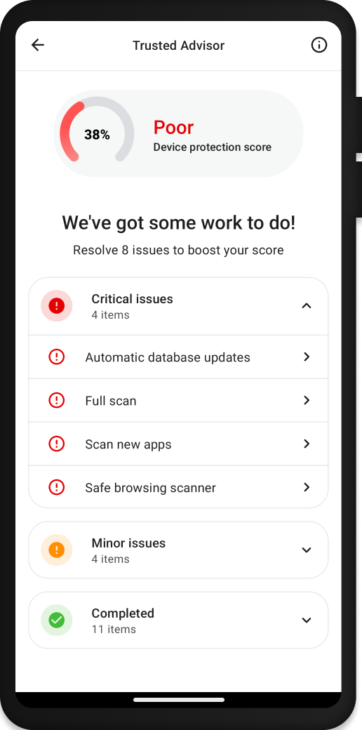 Mobile phone screen showing how the user can resolve security issues in the Malwarebytes Mobile Security app on Android