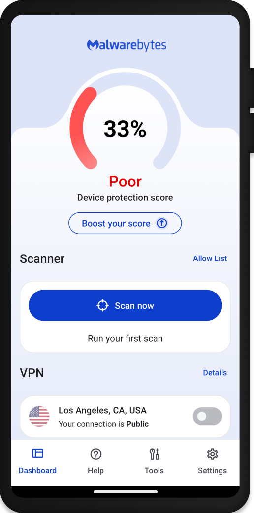  Mobile phone showing where to initiate the Scan Now feature on the Malwarebytes Mobile Security app on Android