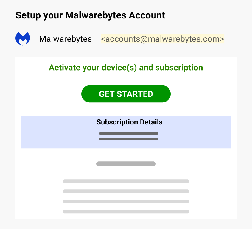  Illustration of the email invitation that new customers receive after they purchase a Malwarebytes subscription