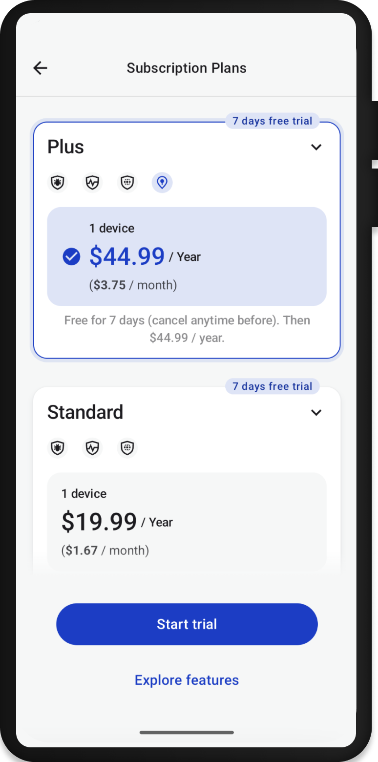 Mobile phone showing the Subscription Plans screen in the Malwarebytes Mobile Security app on Android