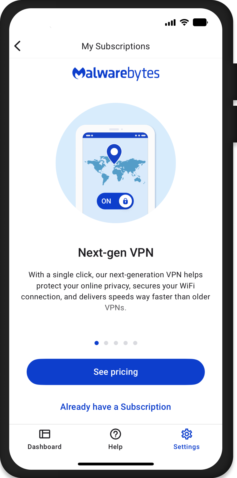 Mobile phone showing the features screen in the Mobile Security app.