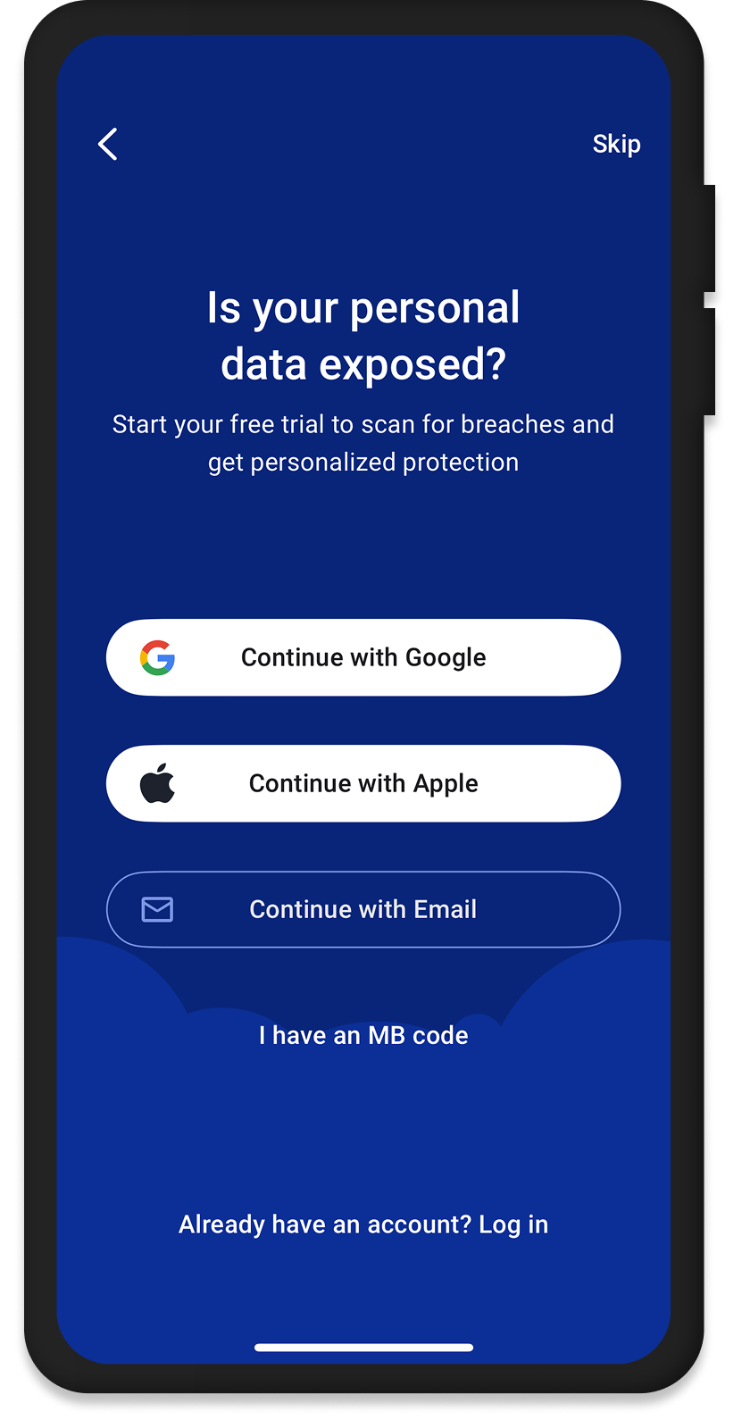 Mobile phone showing the features screen in the Mobile Security app.